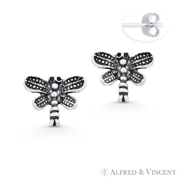 Dragonfly Animal Charm Stud Earrings in Oxidized .925 Sterling Silver - Picture 1 of 1